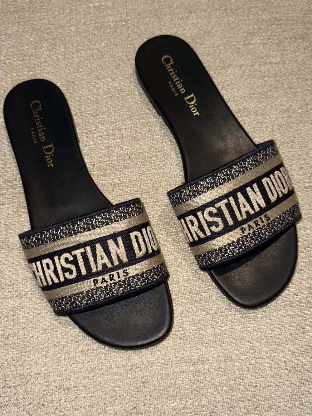 Christian Dior Dway Slide Deep Blue Embroidered Cotton 37.5